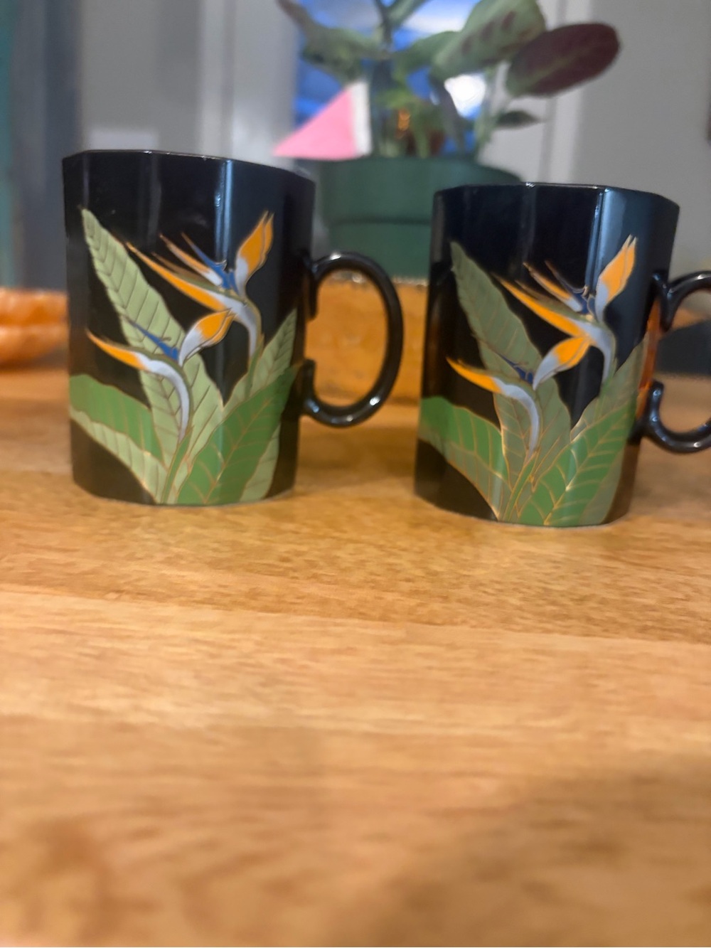 Vintage Otagiri Bird of Paradise Coffee Mug Black Gold Tropical Japan set of 2